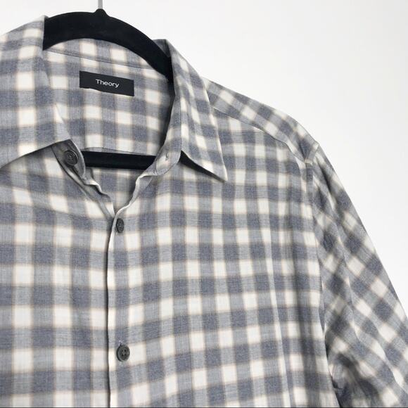 Theory Mens Medium M Desert Check Irving Flanella Button Down Shirt Gray Cotton - Picture 4 of 8